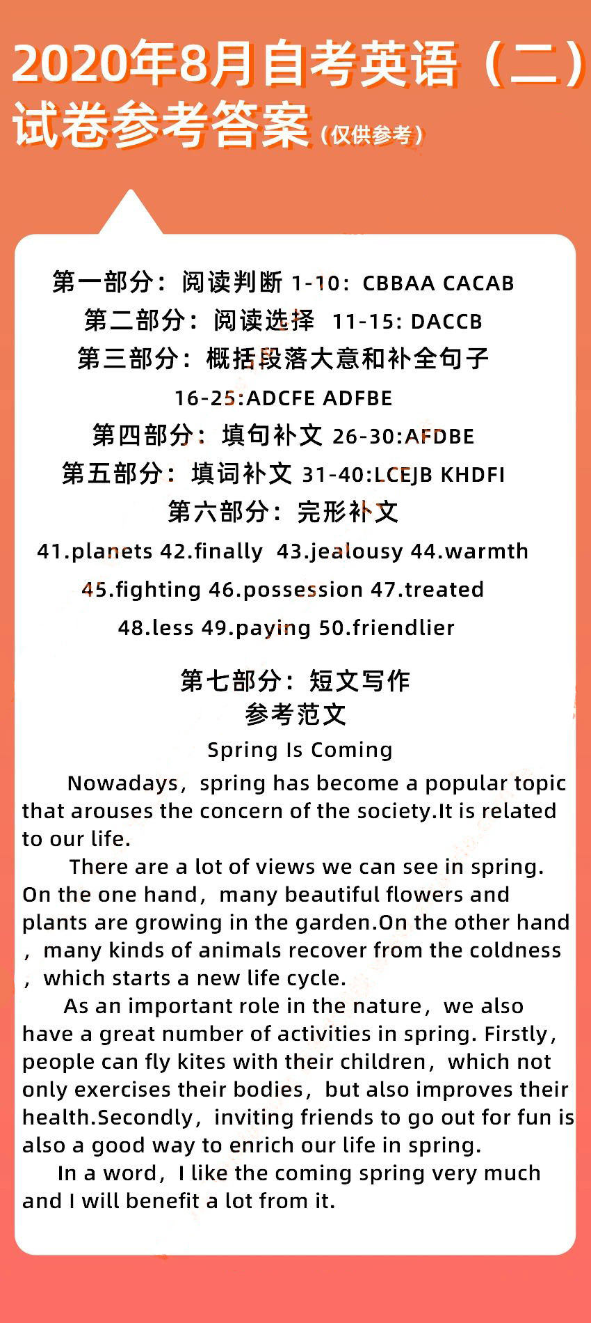 2020年08月全國自學考試英語(二)00015試卷答案